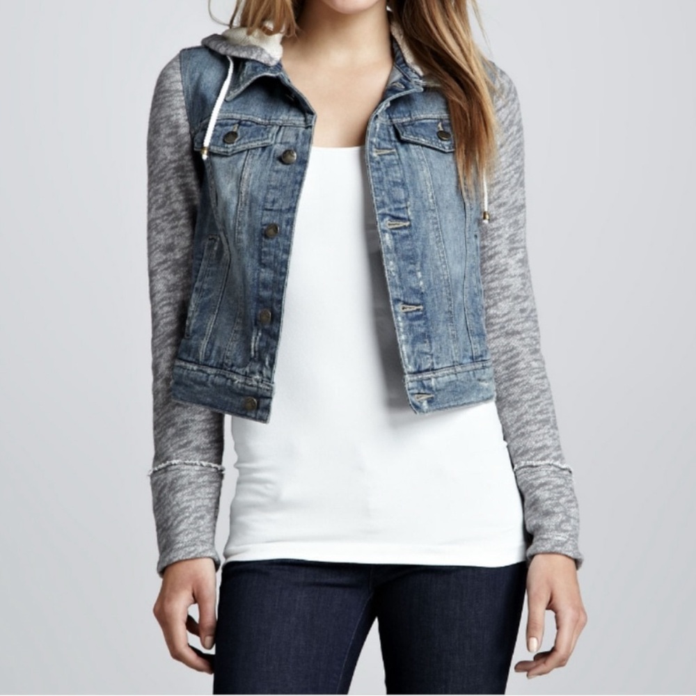 Free People Blue Denim Jacket with Gray Hood